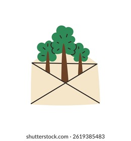 Envelope with Trees instead of Paper. Motivational Forest Ecology Protection Save concept. International Environment day sticker. Flat vector illustration