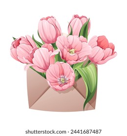 Envelope with tulips on an isolated background. Spring floral illustration. Delicate bouquet for decoration, design, cards, invitations, etc.