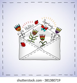 Envelope With Tulips And Text  - Hello Spring