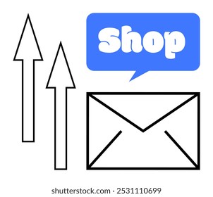 Envelope with two arrows pointing up and speech bubble with the word shop conveys online shopping and email marketing. Ideal for e-commerce, digital marketing, mail services, sales growth, web design