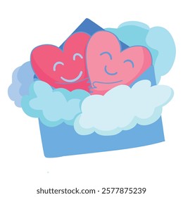 envelope with two cute smiling hearts in the clouds. love letter concept, valentines day, match made in heaven