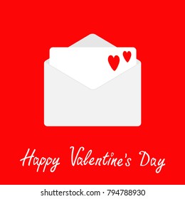 Envelope with two red hearts. Open paper letter. Happypy Valentines Day. Love greeting card. Decoration element. Flat design. Red background. Isolated. Vector illustration.