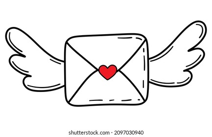 Envelope with two wings and red heart. Valentine's day vector illustration