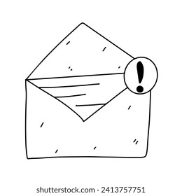 Envelope with urgent information. Hand drawn doodle style. Vector illustration isolated on white. Coloring page.