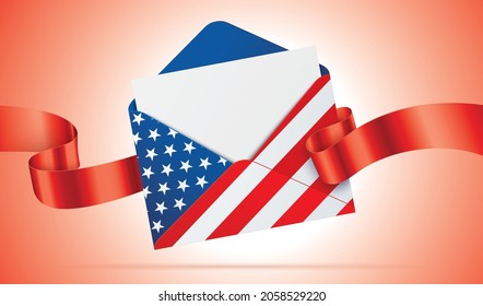 Envelope with USA flag print and red satin ribbon, flying on red gradient background. Official, patriotic, US government message, concept vector illustration with copy space.