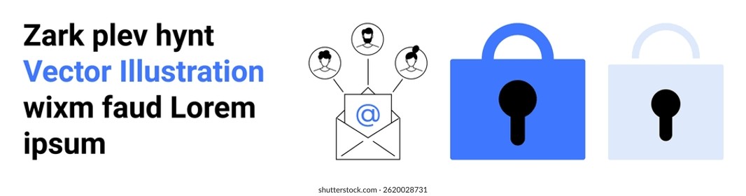 Sobre con iconos de usuario y símbolo que representa el correo electrónico. Candados azules y grises que simbolizan la seguridad. Ideal para email marketing, protección de datos, consejos de ciberseguridad, políticas de privacidad, seguro
