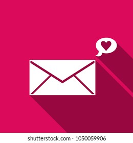 Envelope with Valentine heart icon isolated with long shadow. Message love. Letter love and romance. Flat design. Vector Illustration