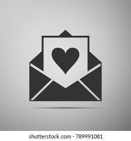 Envelope with Valentine heart icon isolated on grey background. Letter love and romance. Happy Valentine's Day. For your postcards, greetings and invitations. Flat design. Vector Illustration