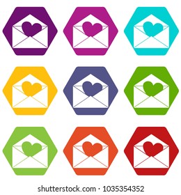 Envelope with Valentine heart icon set many color hexahedron isolated on white vector illustration