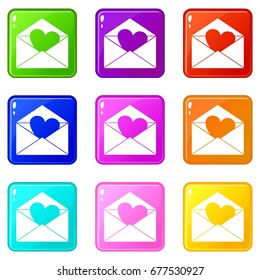 Envelope with Valentine heart icons of 9 color set isolated vector illustration