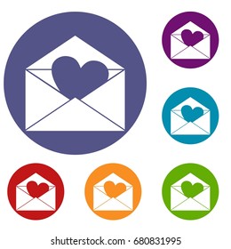 Envelope with Valentine heart icons set in flat circle red, blue and green color for web
