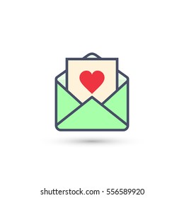Envelope with Valentine heart postcard, vector isolated green icon.
