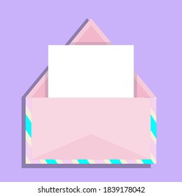 Sobre para el Día de San Valentín, abierto con un trozo de papel y rayas. Ilustración vectorial al estilo de las caricaturas planas.