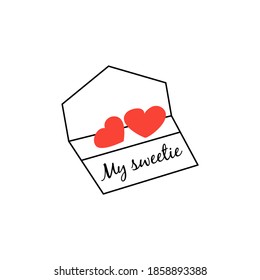 Envelope with valentines and the inscription my sweetie open. Vector isolated illustration in doodle hand drawn style. Happy Valentines Day. Declaration of love, feelings, congratulations card