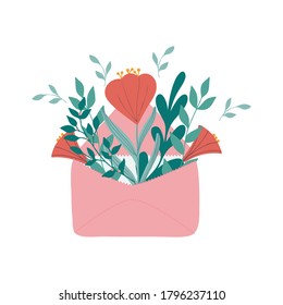  Envelope vector. A bouquet inside the envelope, such as flowers and leaves. Vector illustration.
