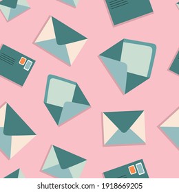 Envelope vector pattern, postcard. Cute vector hand-drawn postcards with post stamps. Pattern winh love letter design. Illustrations for print and web design.
