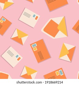 Envelope vector pattern, postcard. Cute vector hand-drawn postcards with post stamps. Pattern winh love letter design. Illustrations for print and web design.