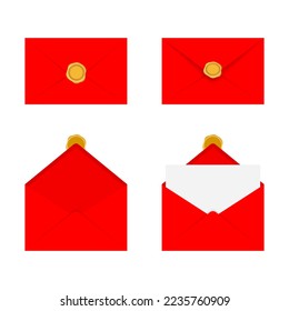 Envelope. Vector set of red envelopes in different positions.  Folded and unfolded envelope mockup isolated on a white background. Red envelope with blank card. Vector illustration