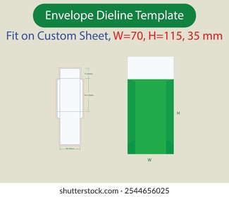 Envelope W 70, H 115, F 35mm Dieline Template. Design Editable Vectoe File