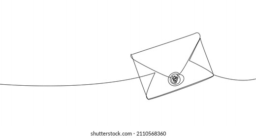 Envelope with wax seal continuous line drawing. One line art of love letter, note, papyrus, antique, correspondence, news.