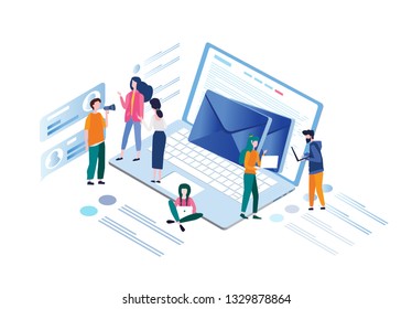 Envelope with a web newsletter, Subscribe to our newsletter, team, young man and woman receiving commercial letters, using mobile gadgets, vector illustration for social media, presentations, apps.