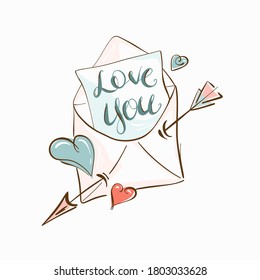 Umschlag, in dem eine Erklärung der Liebe, Cartoon-Stil, flache Vektorgrafik. Valentinstag. Doodle für Textilien, T-Shirts oder Postkarten.