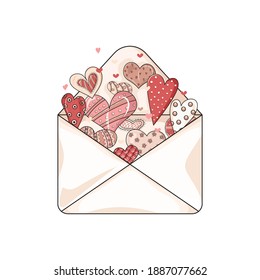 Un sobre desde el cual salen los corazones. Día de San Valentín. Diseño para invitaciones de boda y Día de San Valentín. Símbolo de amor. Todos los objetos están separados. Obtenido a mano. Ilustración vectorial.