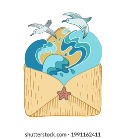 the envelope from which the sea waves crawl out above them seagulls fly