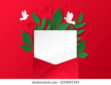 Ein Umschlag mit einem weißen Brief auf einem Hintergrund von Blumen und Tauben. Grußkarte im digitalen Stil.