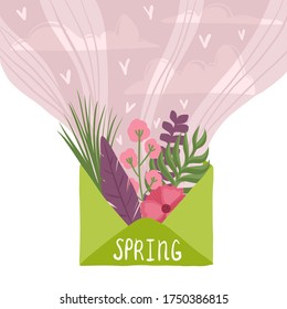 Envelope with wild flowers inside. Bouquet of flowers in a green envelope. Cut paper with a pattern of spring plants, leaves and flowers. Template for a poster, cards, banner Vector illustration.