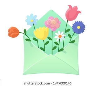 Sobre con flores silvestres adentro. Bonito y bonito ramo de flores. El concepto de vacaciones de primavera y verano. Diseño para invitación o tarjeta de saludo. Ilustración vectorial colorida aislada en fondo blanco