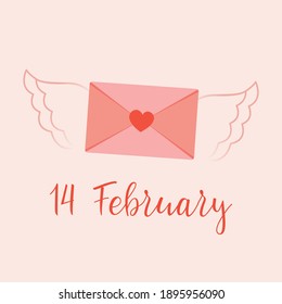 Envelope with wings. Happy Valentine's Day banner