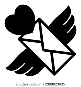 Envelope with wings and heart, love message solid icon, dating concept, love letter vector sign on white background, glyph style icon for mobile concept and web design. Vector graphics