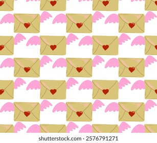 Envelope with wings and heart. Valentine's day, feb 14, festive seamless pattern. Vector background