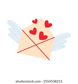 Envelope with wings and hearts. Love in messages. Perfect for Valentines day. Vector illustration, flat style isolated on white background.