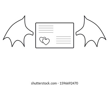 Envelope with wings - a love note, a letter from a loved one, Valentine - vector linear picture for coloring. Outline.