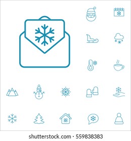 envelope winter gift card with snowflake line icons set blue on white