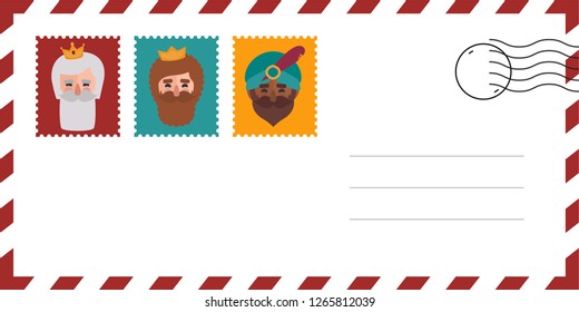 Envelope of the wise men. The three kings of orient, Melchior, Gaspard and Balthazar. Funny vectorized letter. 