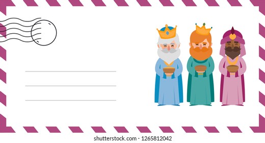 Envelope of the wise men. The three kings of orient, Melchior, Gaspard and Balthazar. Funny vectorized letter. 