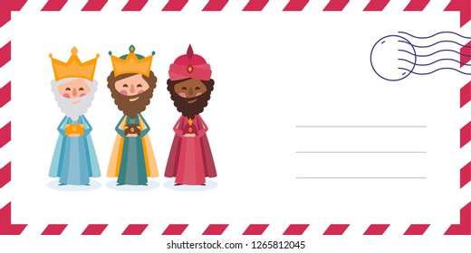 Envelope of the wise men. The three kings of orient, Melchior, Gaspard and Balthazar. Funny vectorized letter. 