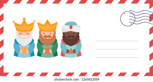 Envelope of the wise men. The three kings of orient, Melchior, Gaspard and Balthazar. Funny vectorized letter. 