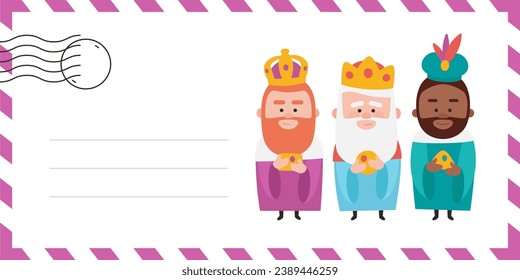 Envelope of the wise men. The three kings of orient, Melchior, Gaspard and Balthazar. Funny vectorized letter. 