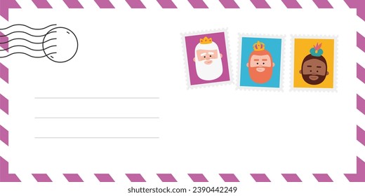 Envelope of the wise men. The three kings of orient, Melchior, Gaspard and Balthazar. Funny vectorized letter. 