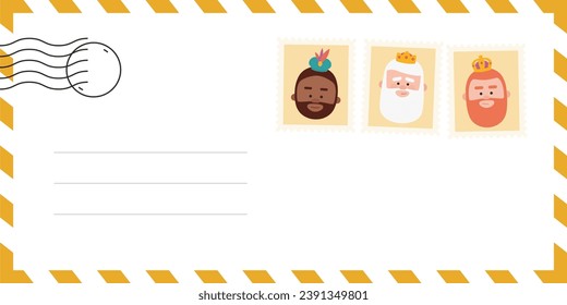 Envelope of the wise men. The three kings of orient, Melchior, Gaspard and Balthazar. Funny vectorized letter. 