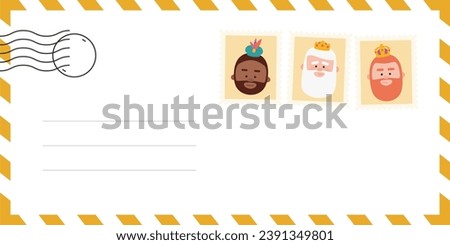 Envelope of the wise men. The three kings of orient, Melchior, Gaspard and Balthazar. Funny vectorized letter. 
