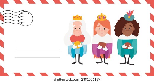 Envelope of the wise women. The three Queens of orient, Melchiora, Gasparda and Balthazara. Funny vectorized letter. 