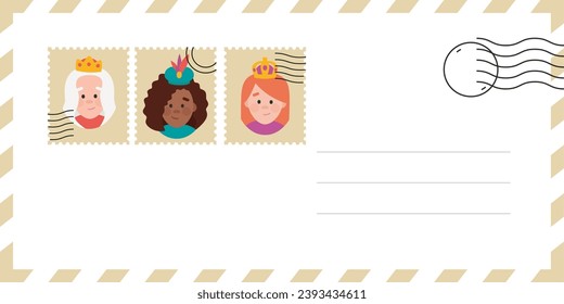 Sobre de las sabias. Las tres reinas de oriente, Melchiora, Caspara y Balthazara. Divertida carta vectorizada. 