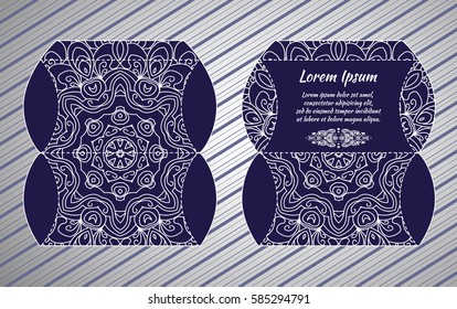 envelope, wrapping, cover laser cut a mandala. Cut paper card with lace pattern. Wedding invitation, flyer and business card templates. Decorative cards for laser cutting.