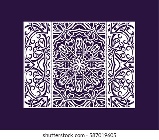 envelope, wrapping, cover laser cut a mandala. Cut paper card with lace pattern. Wedding invitation, flyer and business card templates. Decorative cards for laser cutting.