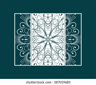 envelope, wrapping, cover laser cut a mandala. Cut paper card with lace pattern. Wedding invitation, flyer and business card templates. Decorative cards for laser cutting.